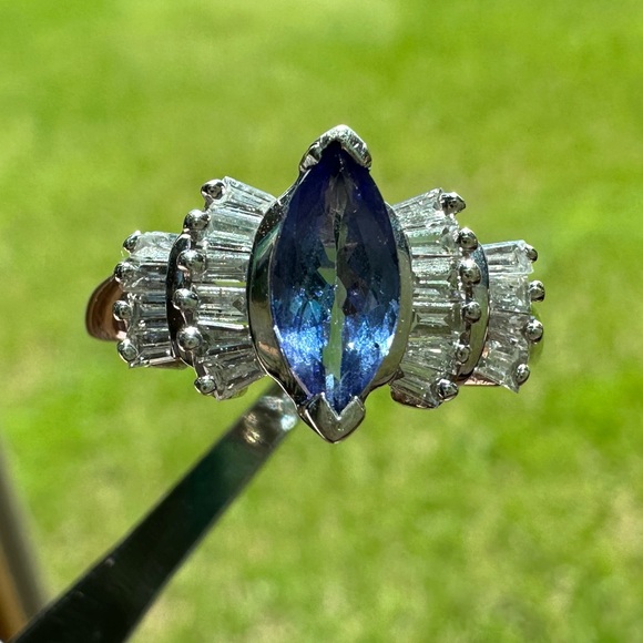 Marquise Tanzanite and Diamond Ring- 14K White Gold (Size 9 US) - Picture 2 of 8